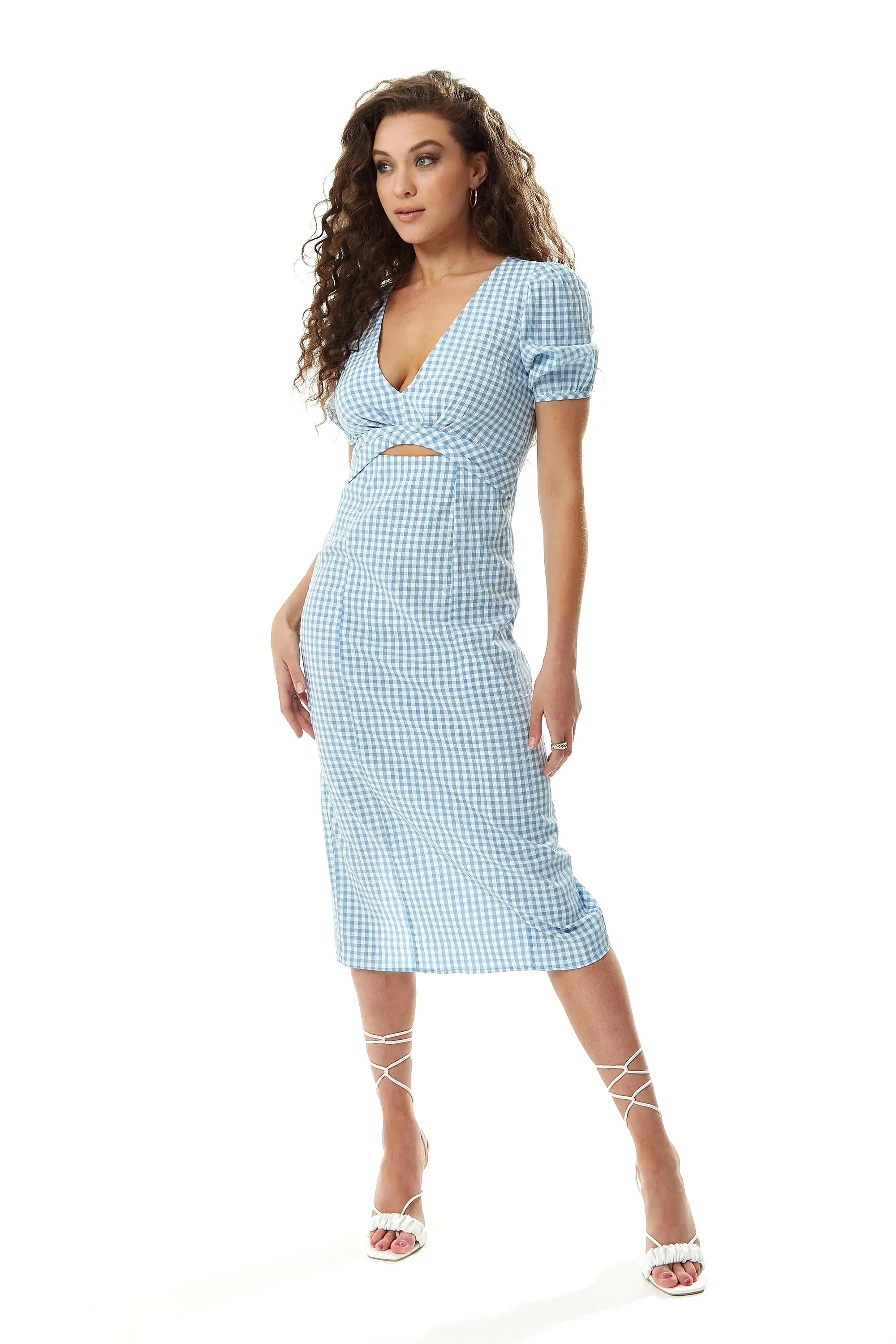 Liquorish Gingham Cut Out Front Midi Dress