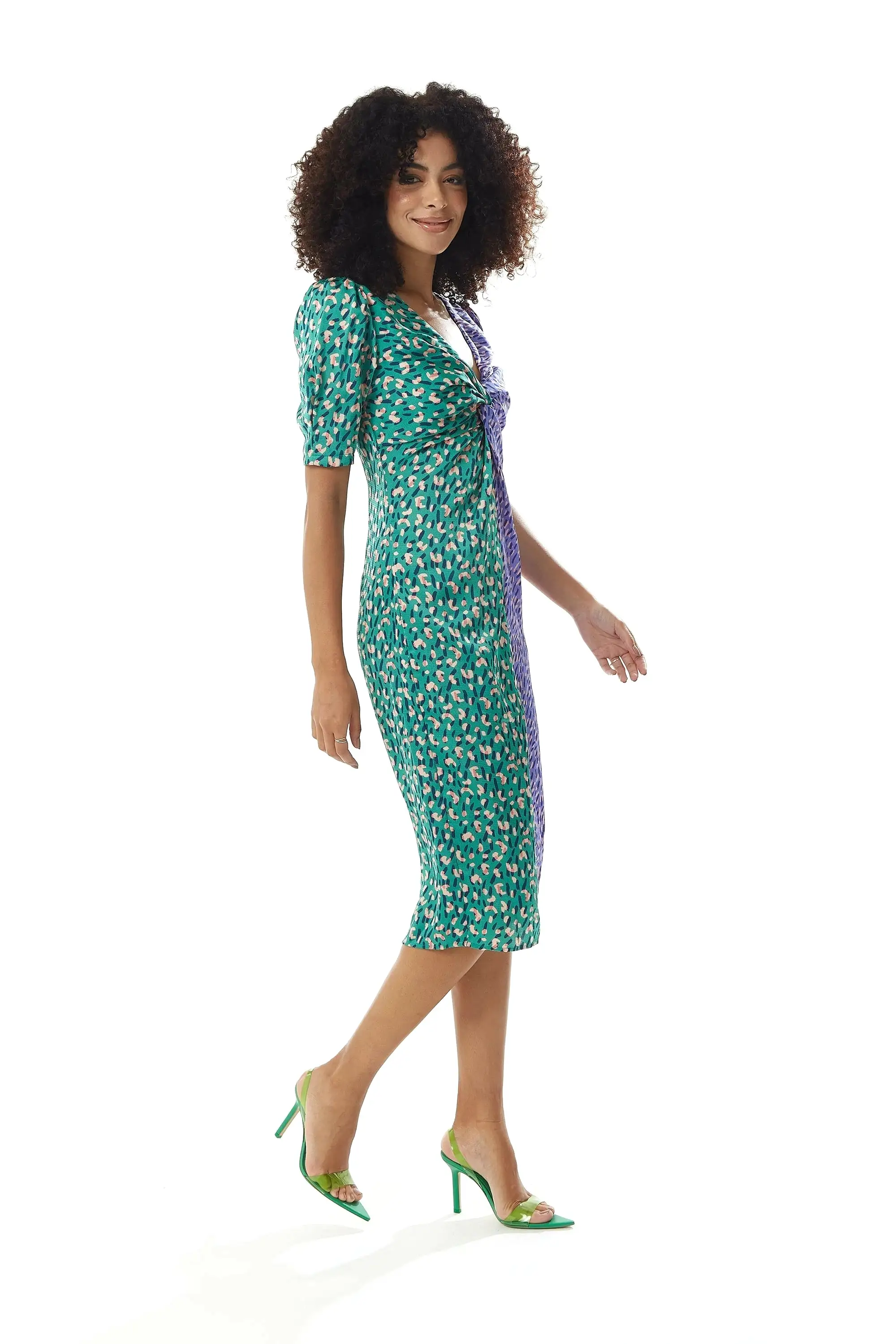 Liquorish Green Purple Abstract Print Knot Front Midi Dress