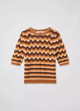 LK Bennett Soni Brown Multi Cotton Wavy Knitted Top