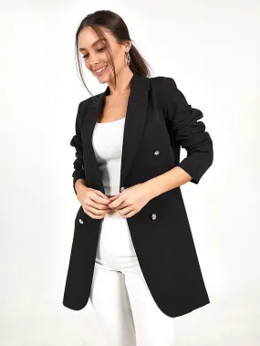 Long Blazer Jacket For Women Black Solid Color Casual Double Breasted Spring Fall Relaxed Outerwear