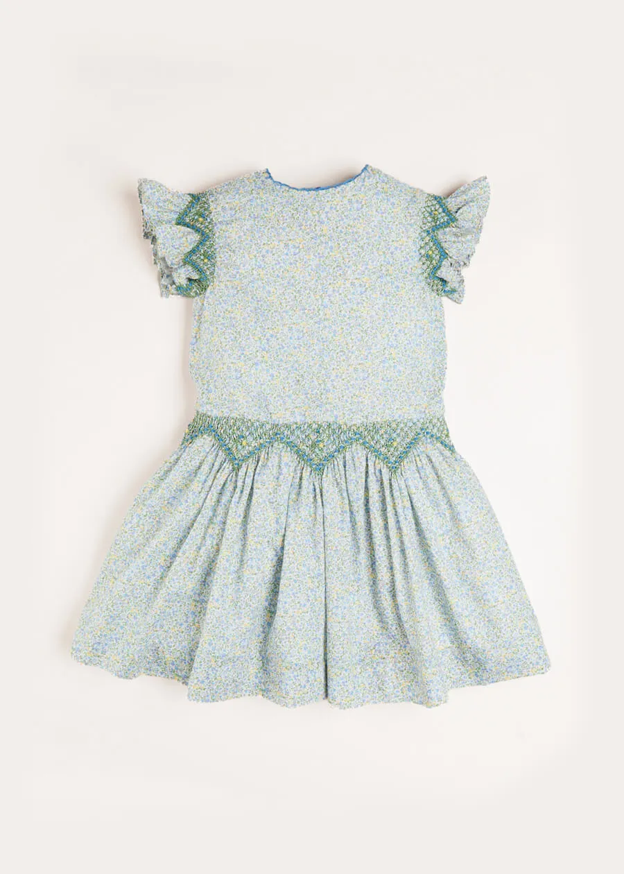 Matilda Floral Print Handsmocked Sleeveless Dress in Blue (4-10yrs)