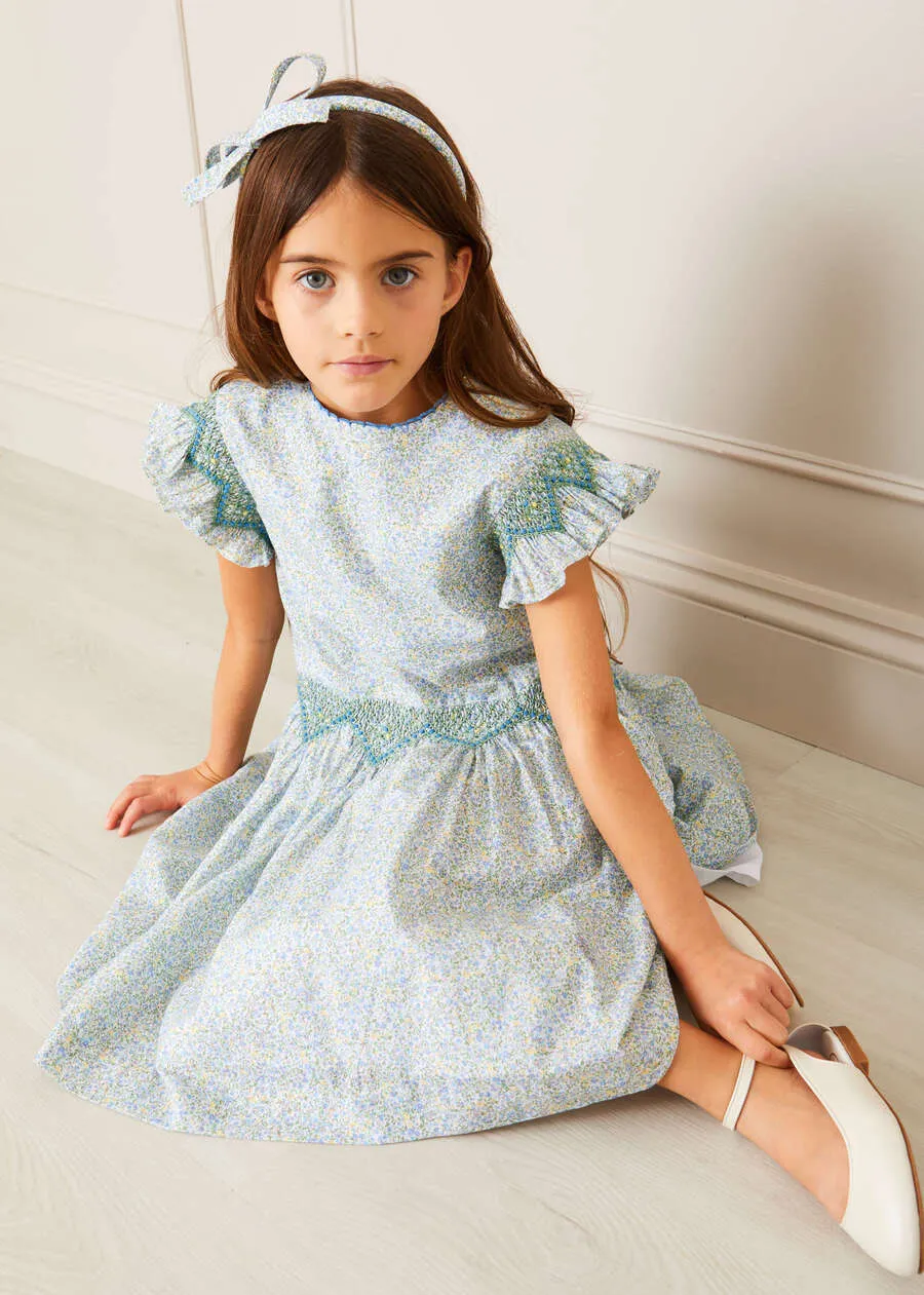 Matilda Floral Print Handsmocked Sleeveless Dress in Blue (4-10yrs)