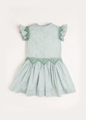 Matilda Floral Print Handsmocked Sleeveless Dress in Blue (4-10yrs)