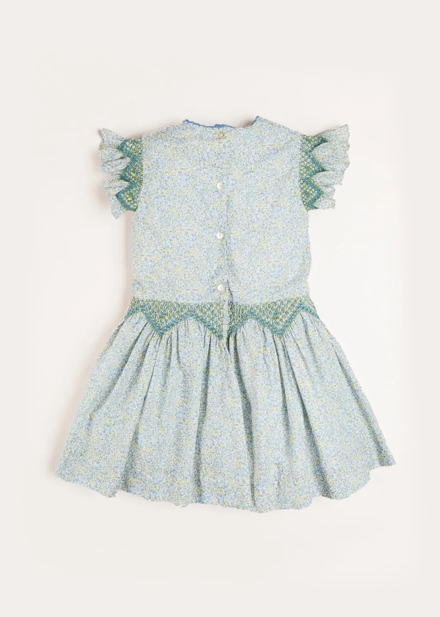 Matilda Floral Print Handsmocked Sleeveless Dress in Blue (4-10yrs)