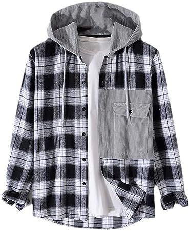 Mens Corduroy Hoodie Shirts Color Block Plaid Patchwork XL S4193019