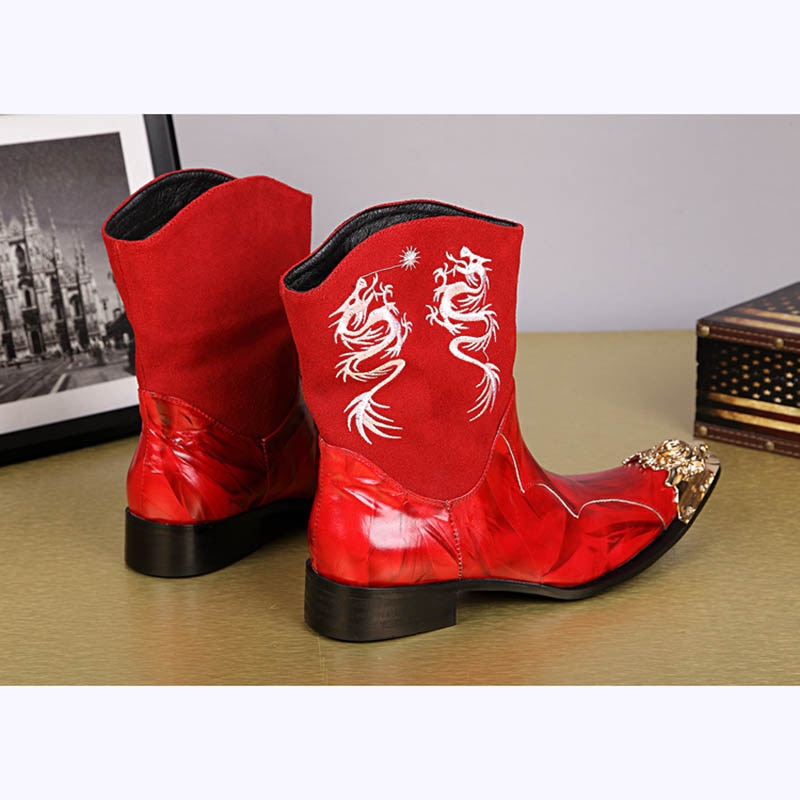 Men's Fashion Printed Pointed Toe Motorcycle Handmade Ankle Boots