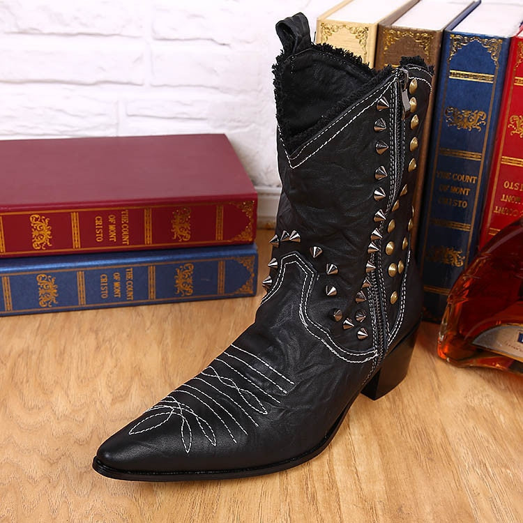 Men's Handmade Leather Rivet Pointed Toe Motorcycle Cowboy Boots