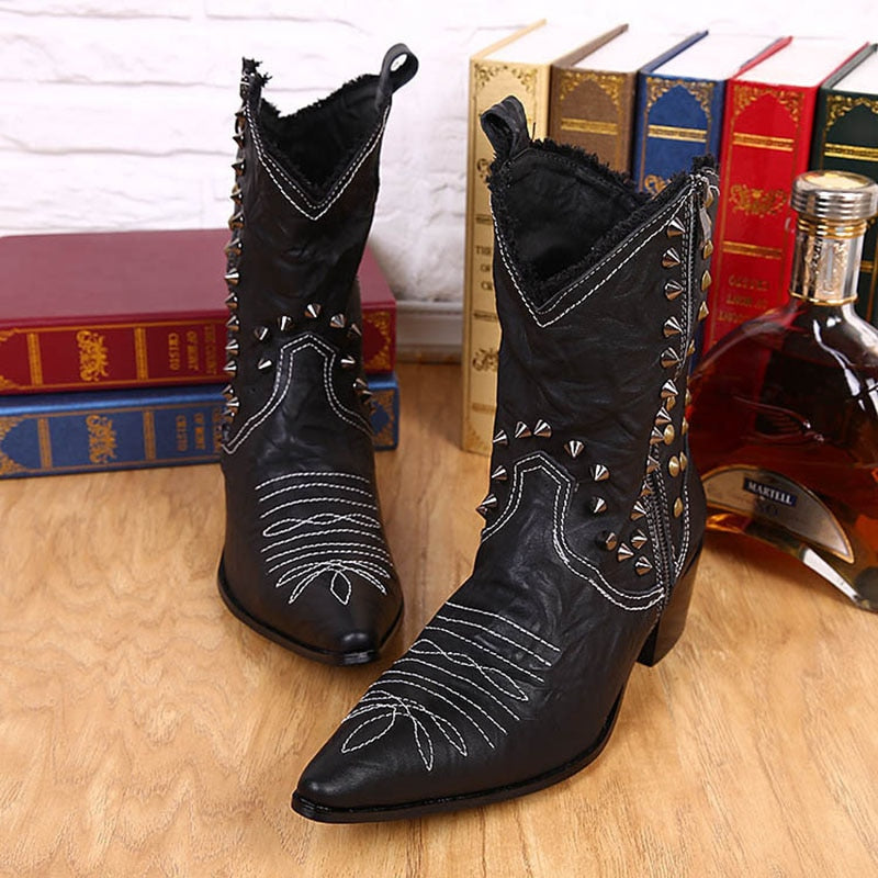 Men's Handmade Leather Rivet Pointed Toe Motorcycle Cowboy Boots