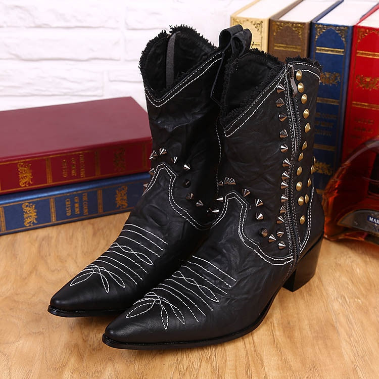 Men's Handmade Leather Rivet Pointed Toe Motorcycle Cowboy Boots