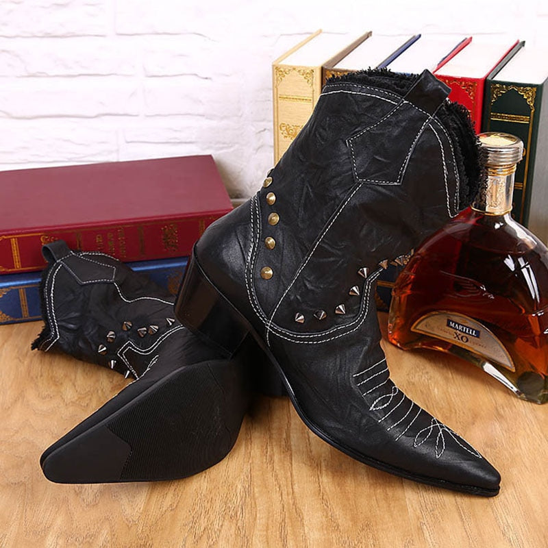 Men's Handmade Leather Rivet Pointed Toe Motorcycle Cowboy Boots