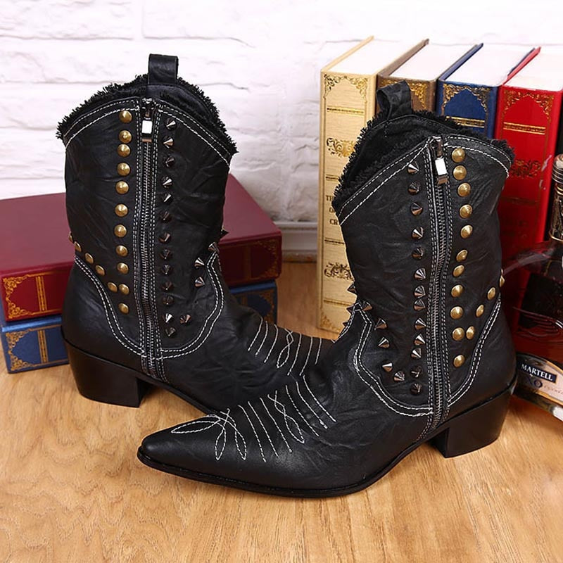 Men's Handmade Leather Rivet Pointed Toe Motorcycle Cowboy Boots