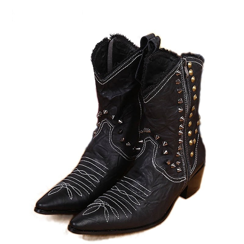 Men's Handmade Leather Rivet Pointed Toe Motorcycle Cowboy Boots