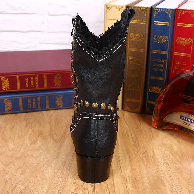 Men's Handmade Leather Rivet Pointed Toe Motorcycle Cowboy Boots