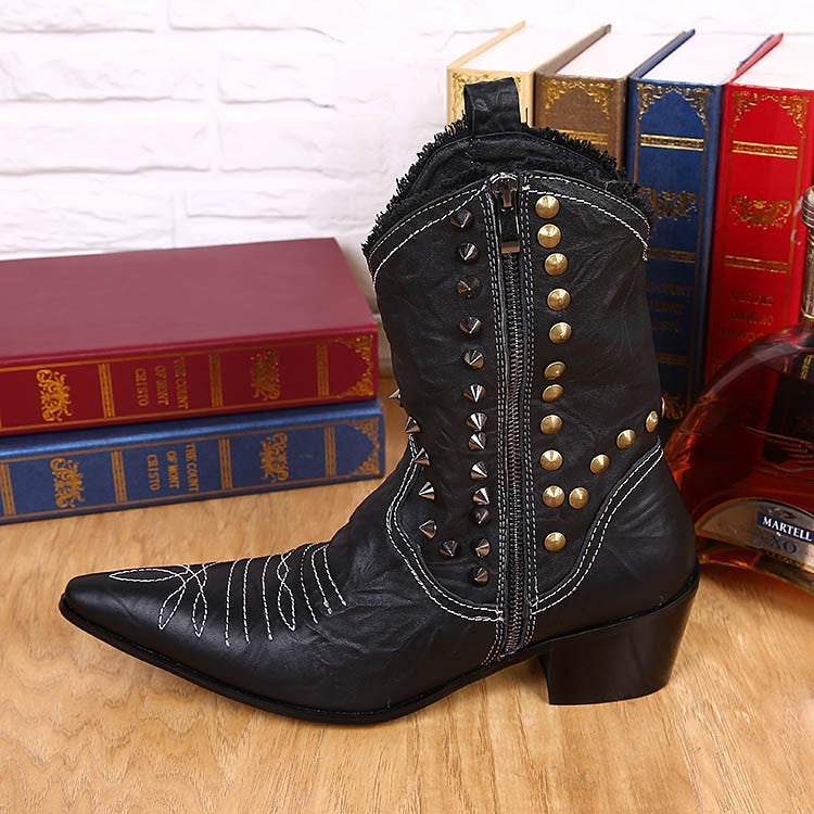 Men's Handmade Leather Rivet Pointed Toe Motorcycle Cowboy Boots