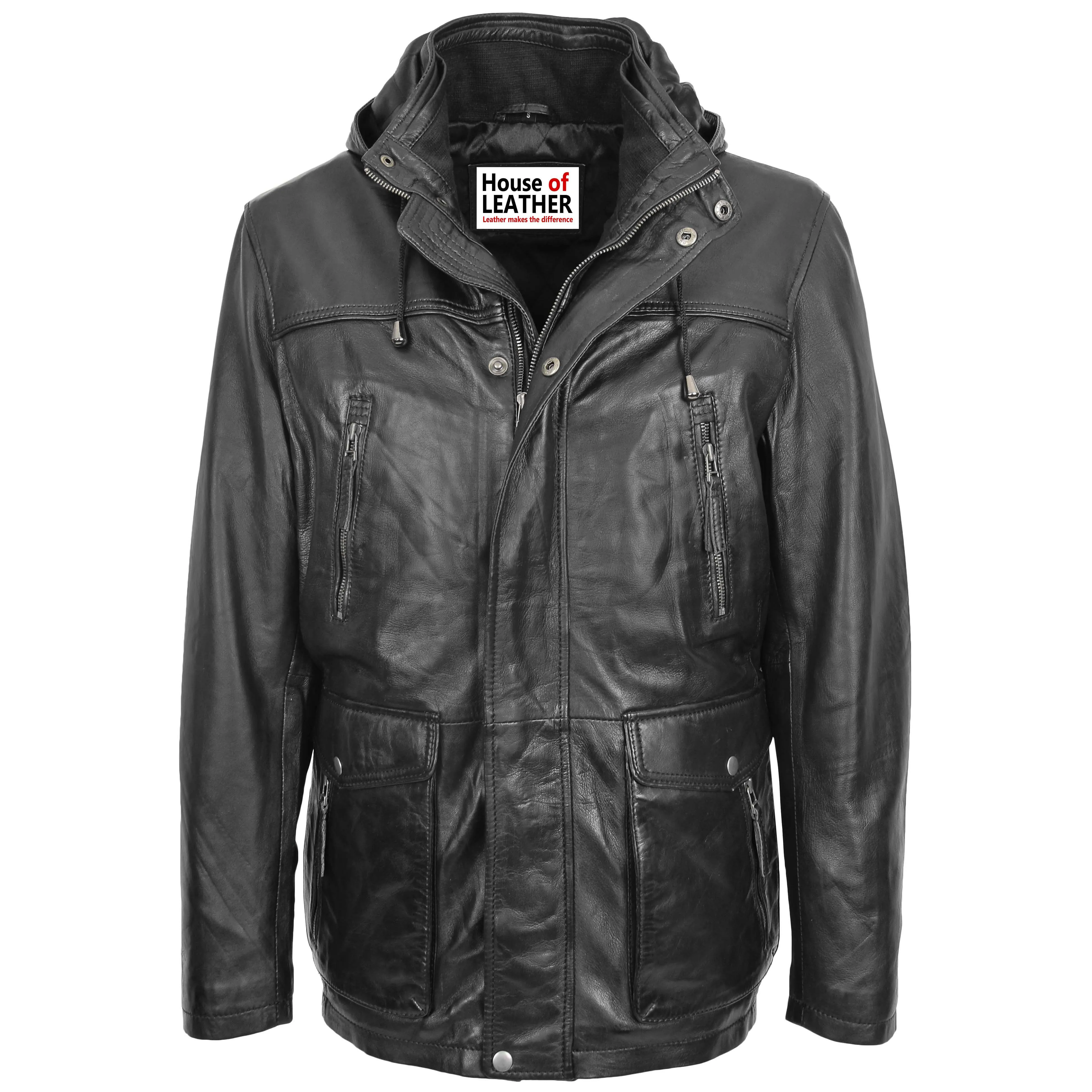 Mens Leather Parka Detachable Hoodie Logan Black