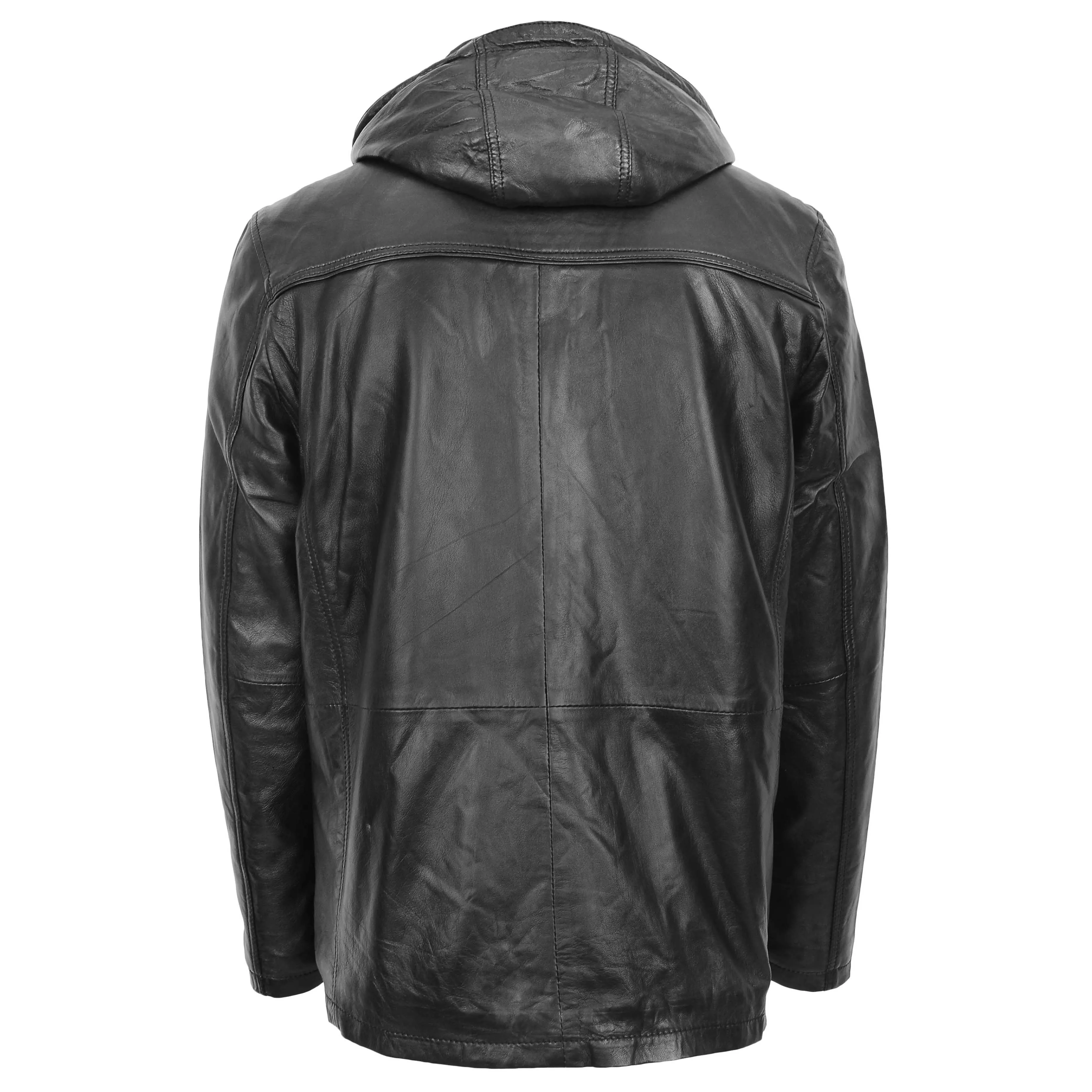 Mens Leather Parka Detachable Hoodie Logan Black