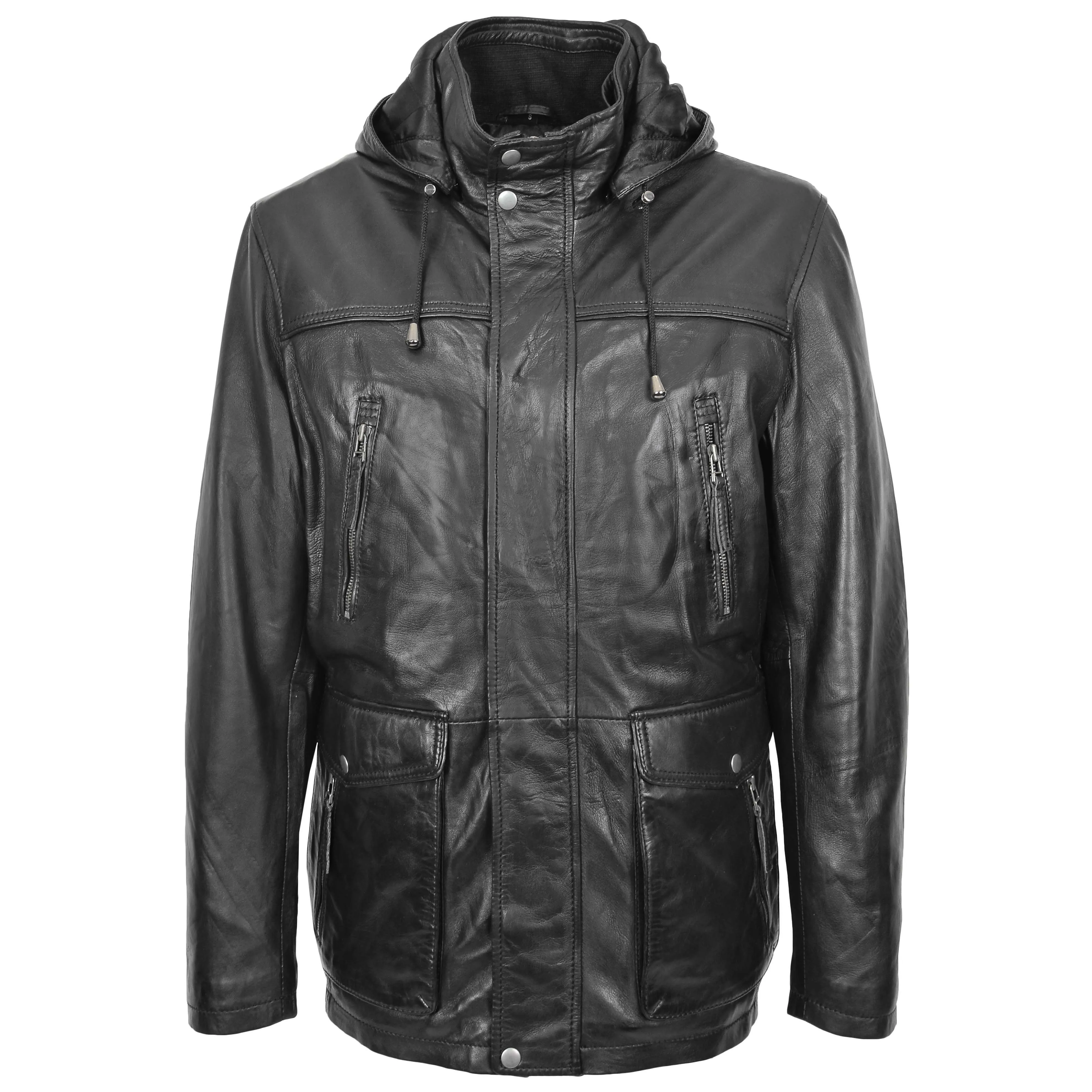 Mens Leather Parka Detachable Hoodie Logan Black