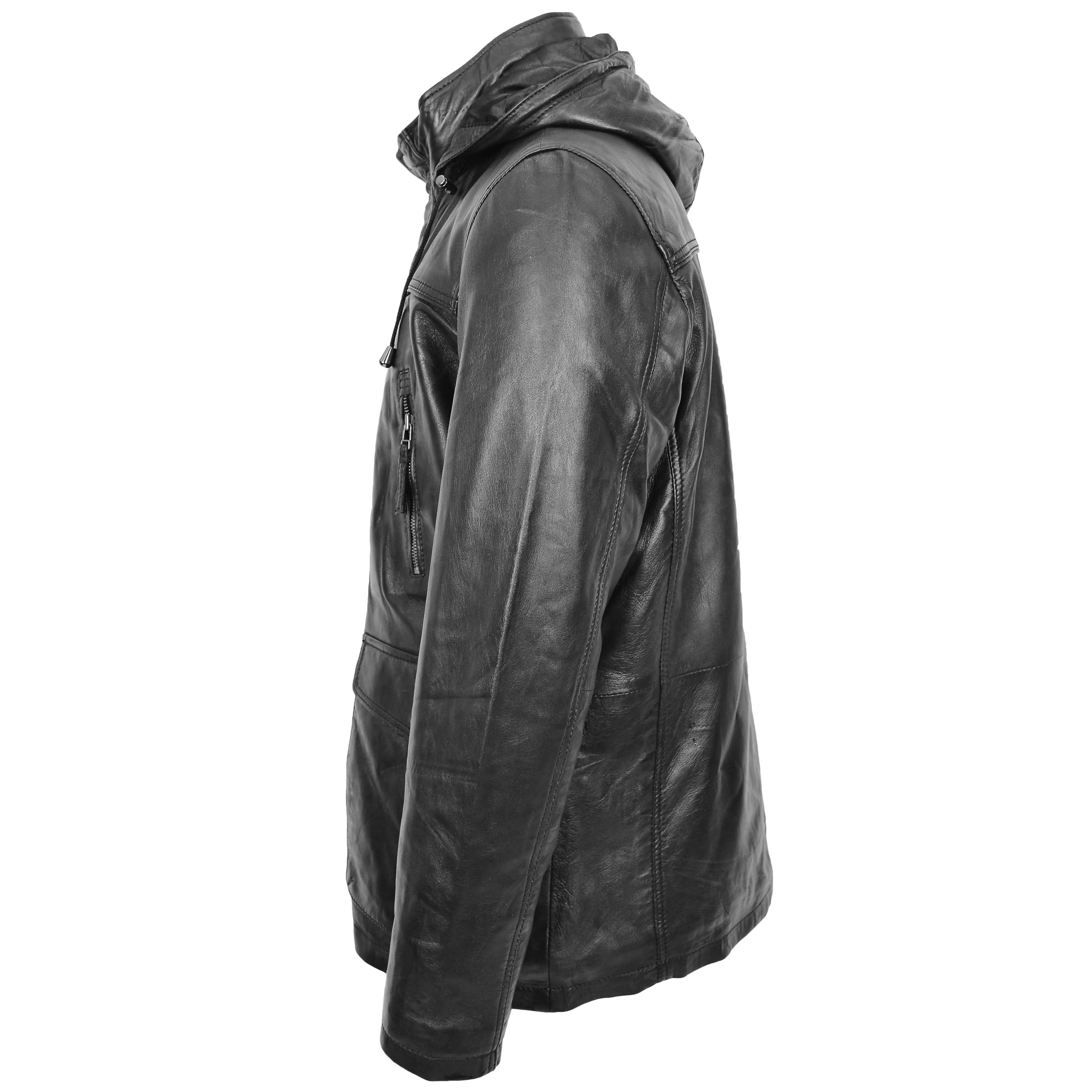 Mens Leather Parka Detachable Hoodie Logan Black