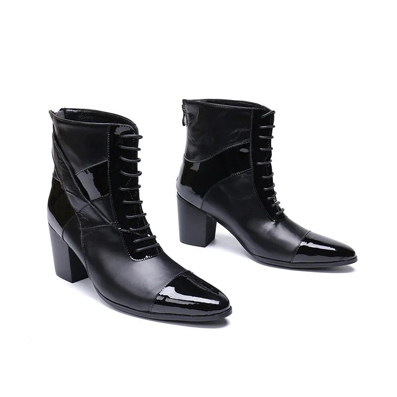 Men's Limited Edition Pointed Toe Genuine Leather Lace-up High Heel Boots