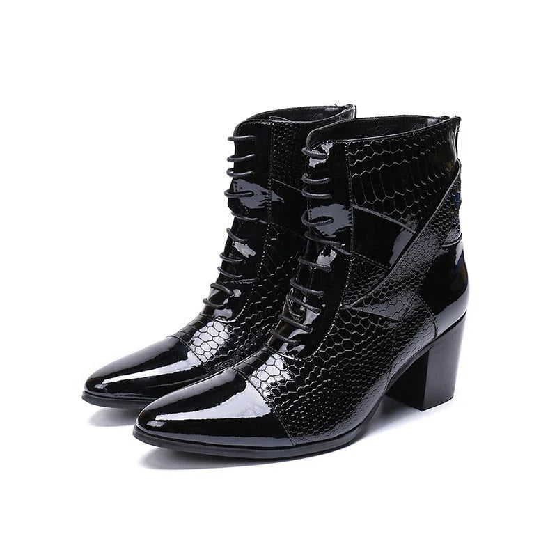 Men's Limited Edition Pointed Toe Genuine Leather Lace-up High Heel Boots