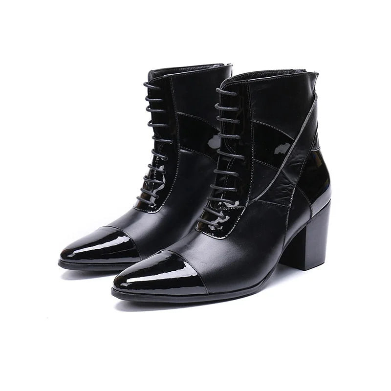 Men's Limited Edition Pointed Toe Genuine Leather Lace-up High Heel Boots