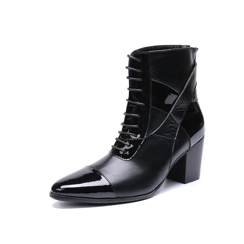 Men's Limited Edition Pointed Toe Genuine Leather Lace-up High Heel Boots