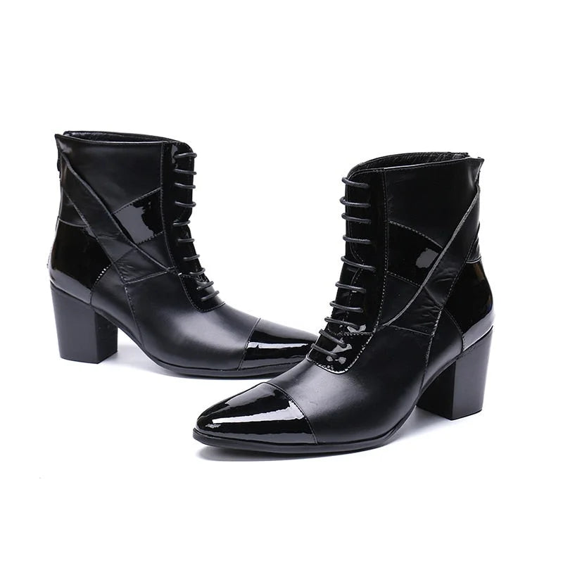 Men's Limited Edition Pointed Toe Genuine Leather Lace-up High Heel Boots