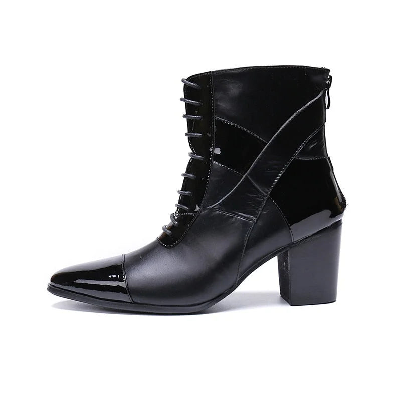 Men's Limited Edition Pointed Toe Genuine Leather Lace-up High Heel Boots