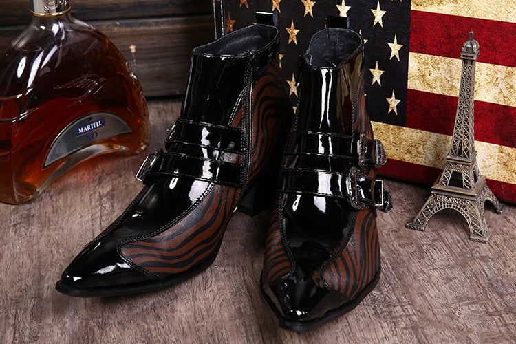 Men's Rock British Fashion Buckle Decor Patent Leather Ankle Boots