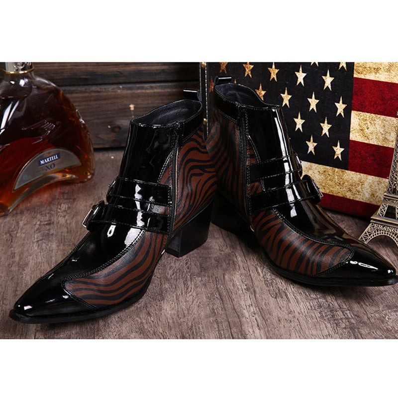 Men's Rock British Fashion Buckle Decor Patent Leather Ankle Boots