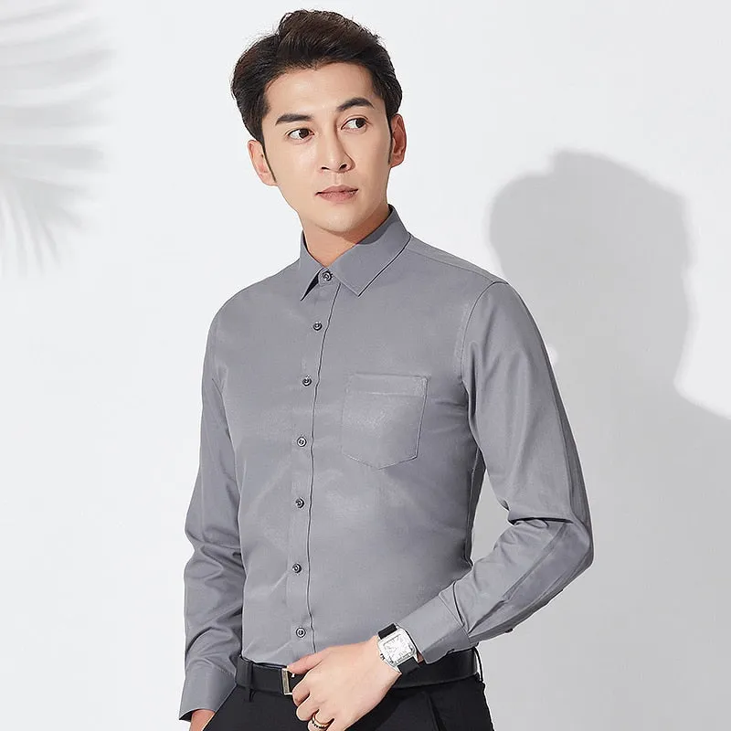 Men's Solid Color Standard-fit Single Patch Pocket Long Sleeve Shirt