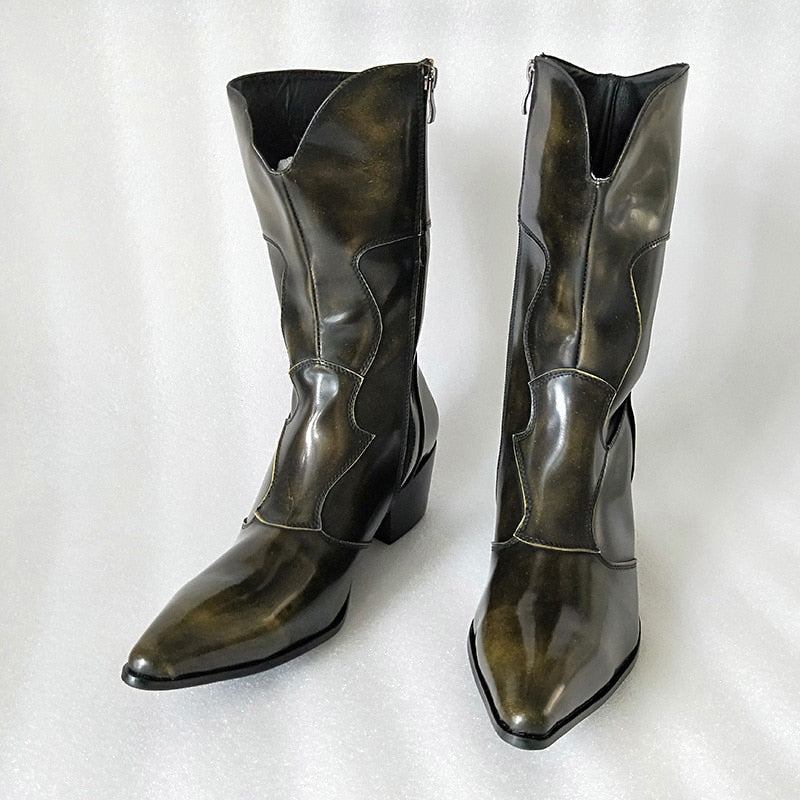 Men's Western Cowboy Genuine Leather Pointed Toe Med-calf Motorcycle Boots