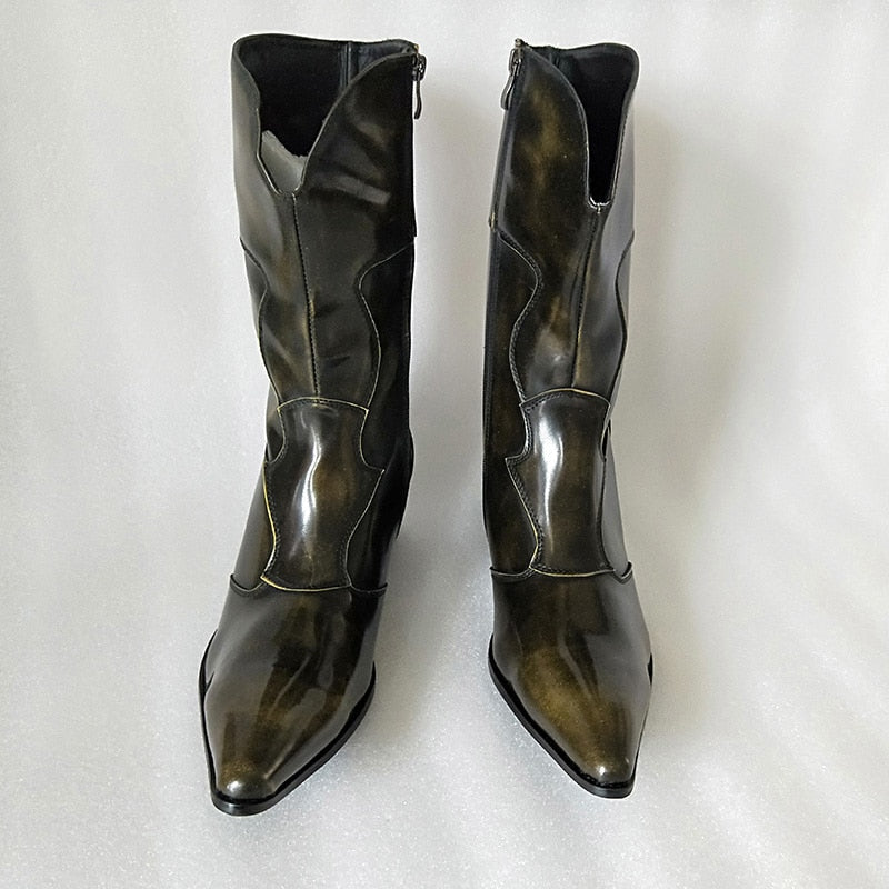 Men's Western Cowboy Genuine Leather Pointed Toe Med-calf Motorcycle Boots