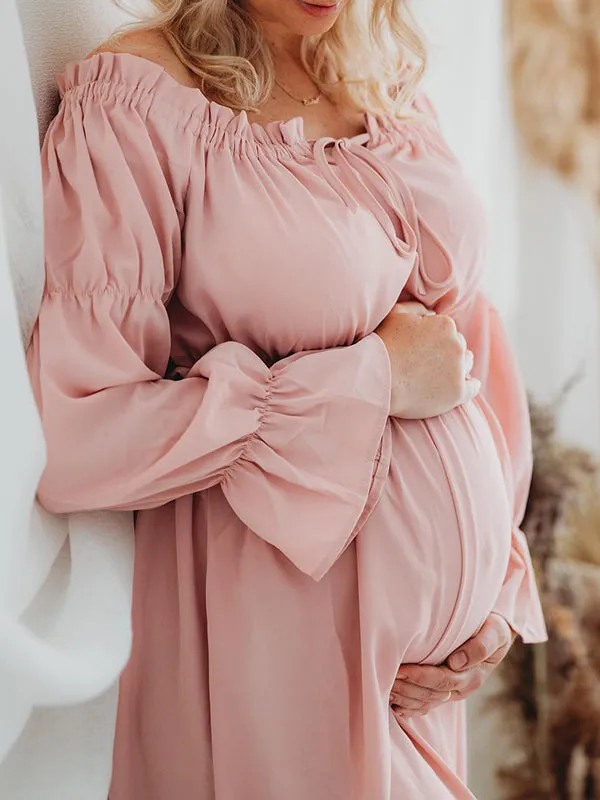 Momnfancy Pink 2-in-1 Bandeau Ruched Crop Flowy Photoshoot Maternity Maxi Dress