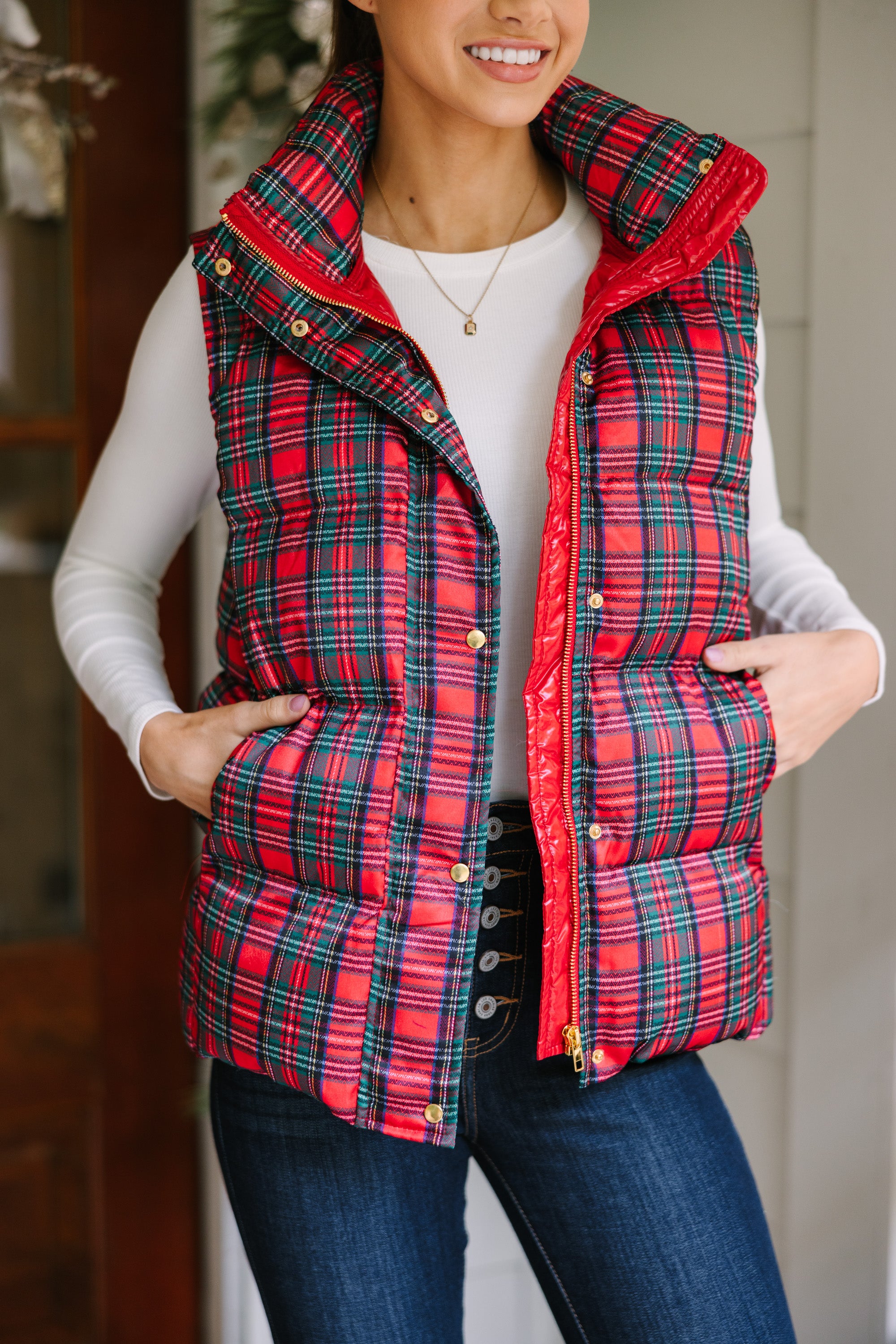 More The Merrier Red Tartan Plaid Puffer Vest