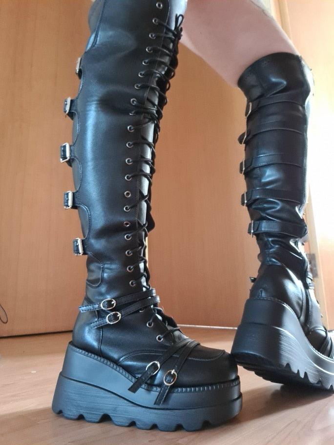 Motorcycles Boots Buckles Platform Wedges High Heels