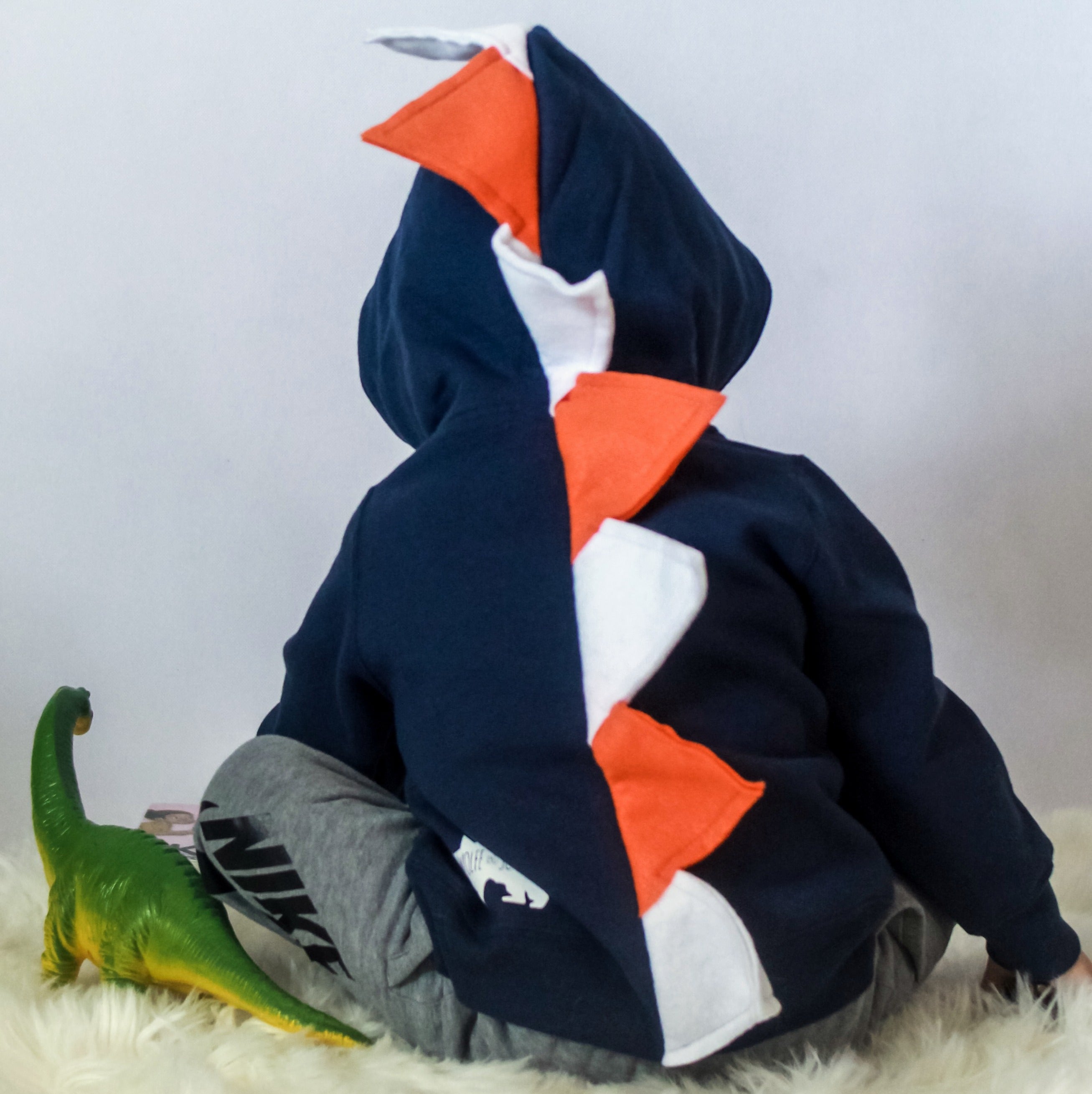 Navy Blue Dino Hoodie with Orange + White Spikes