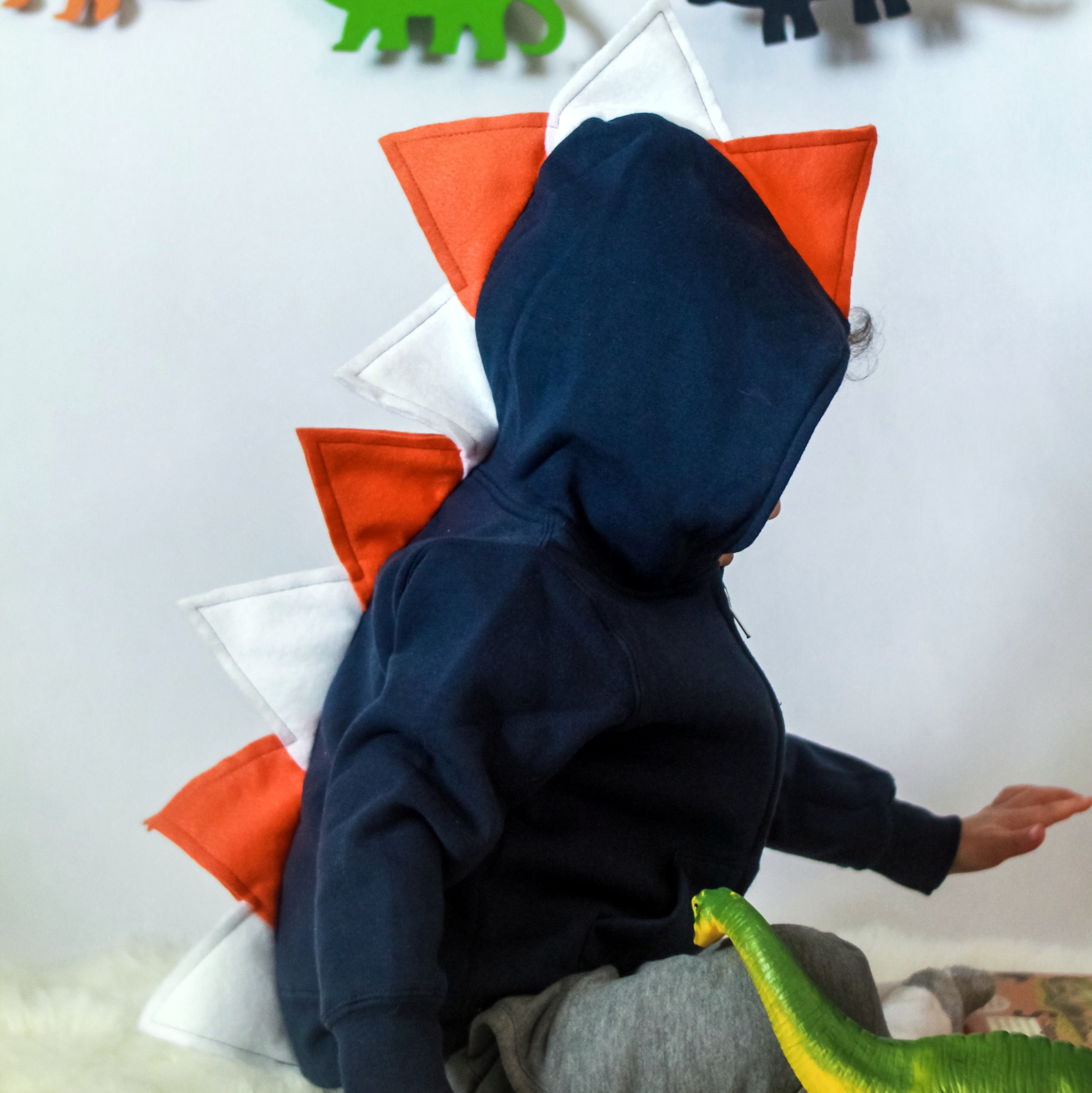 Navy Blue Dino Hoodie with Orange + White Spikes