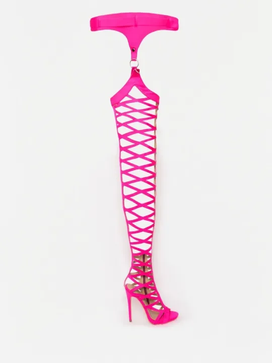 Neon Pink Thigh High Cut-Out Sandal Boots