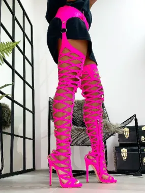 Neon Pink Thigh High Cut-Out Sandal Boots