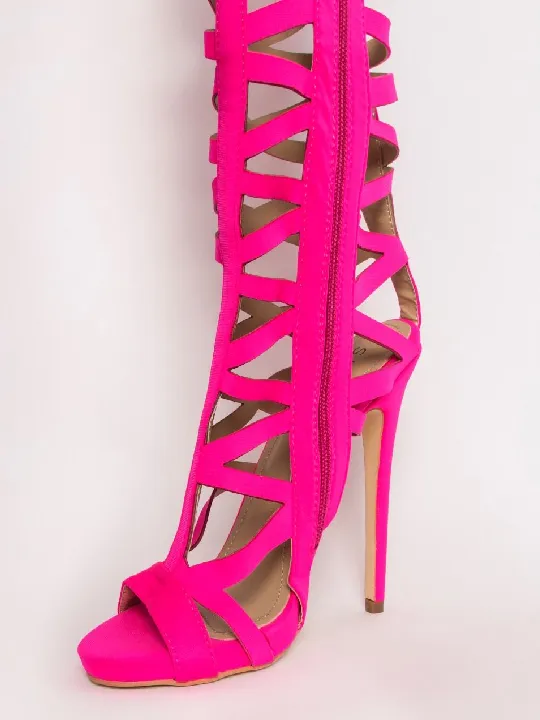 Neon Pink Thigh High Cut-Out Sandal Boots