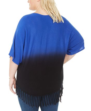 NY Collection Women's Fringed Dip Dyed Sweater Blue Size 3X