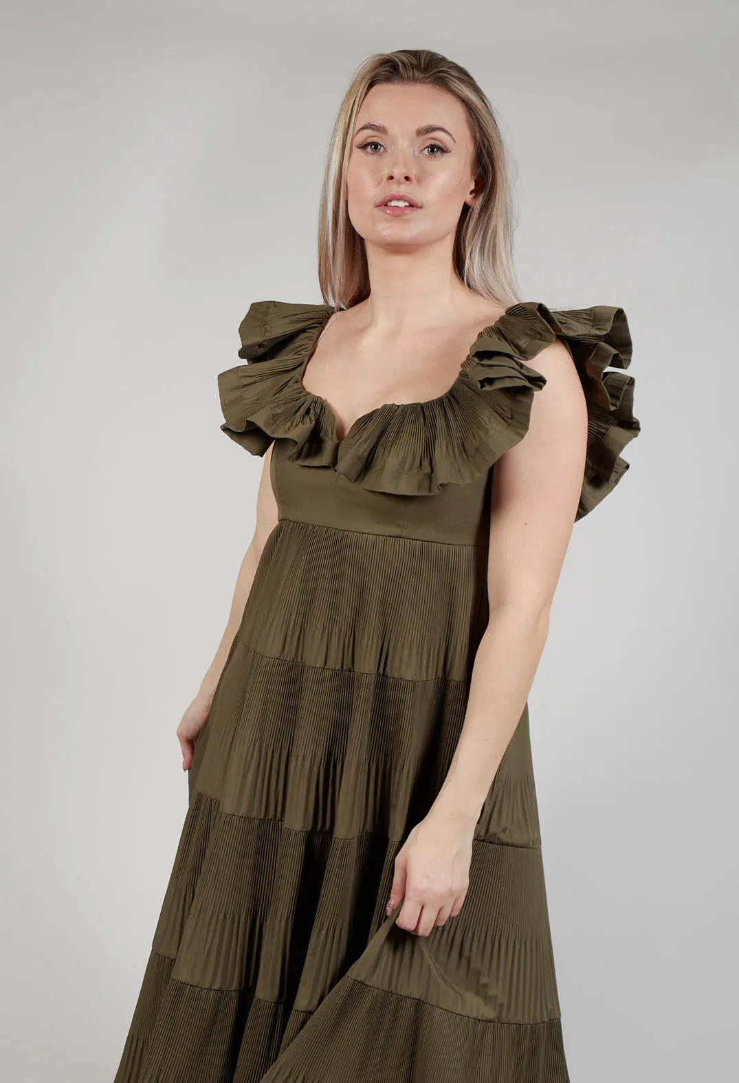 Off-Shoulder Ruffle Dress in Avocado