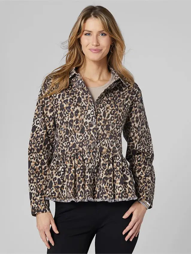 OMG Printed Ruffle Jean Jacket - Brown Animal