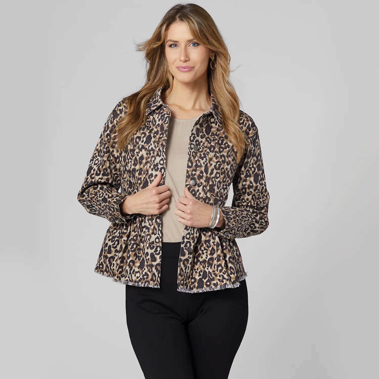 OMG Printed Ruffle Jean Jacket - Brown Animal