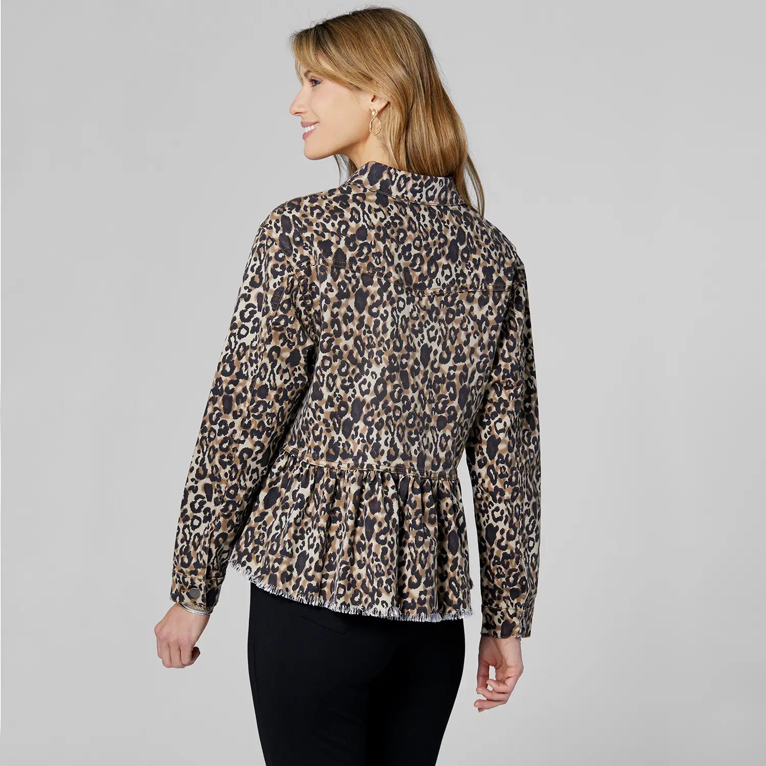 OMG Printed Ruffle Jean Jacket - Brown Animal