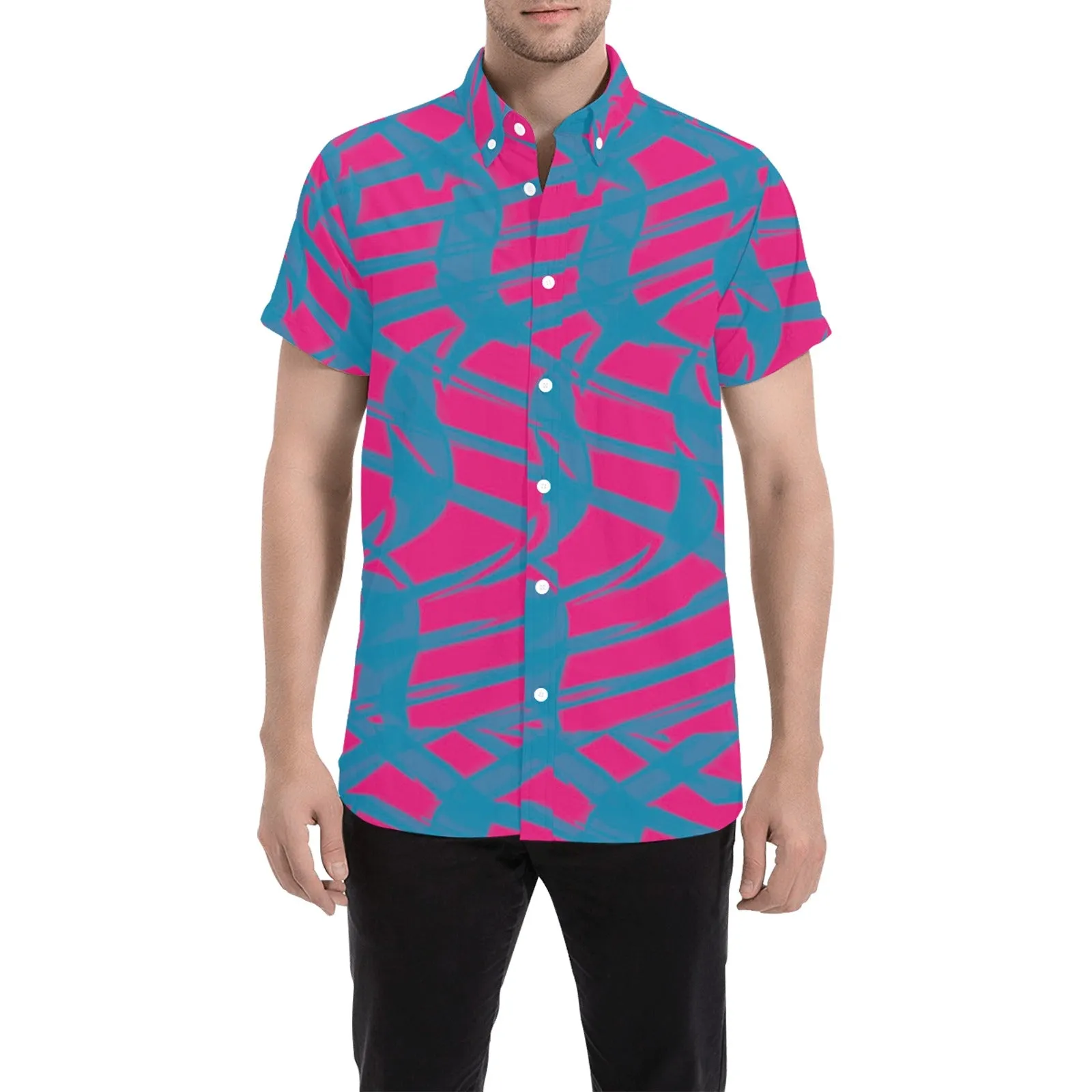 Pink and Blue Squiggly Rave Checkered Pattern Short Sleeve Button Up Shirt