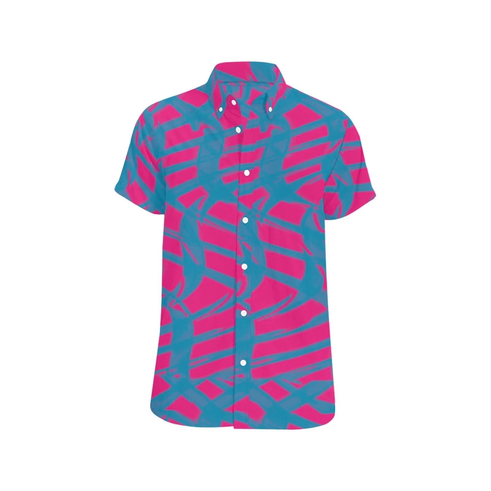 Pink and Blue Squiggly Rave Checkered Pattern Short Sleeve Button Up Shirt