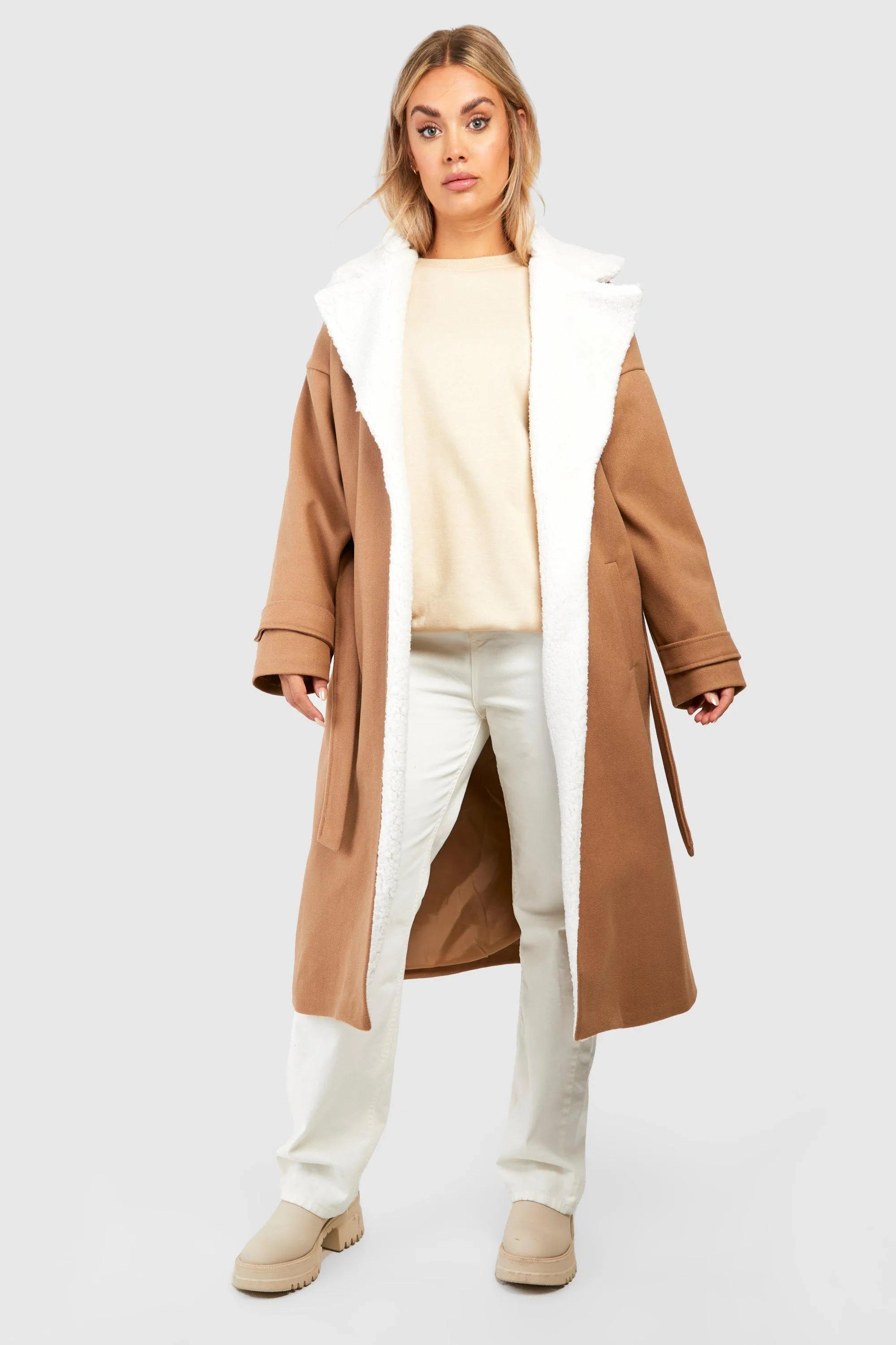 Plus Teddy Trim Wool Duster Coat