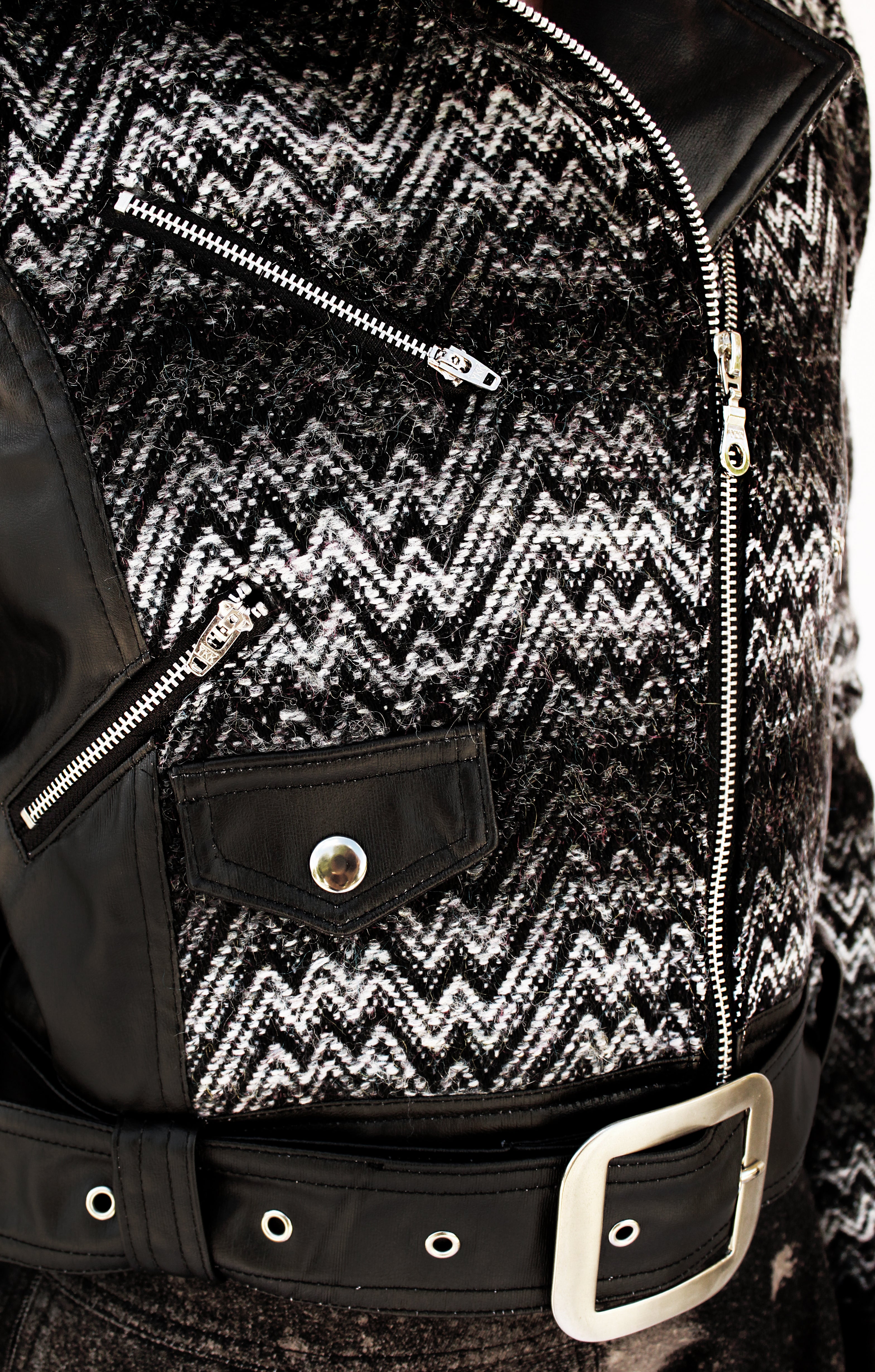 Rough N Tuff Ombre Gray Black Chevron Wool & Leatherette Biker Jacket